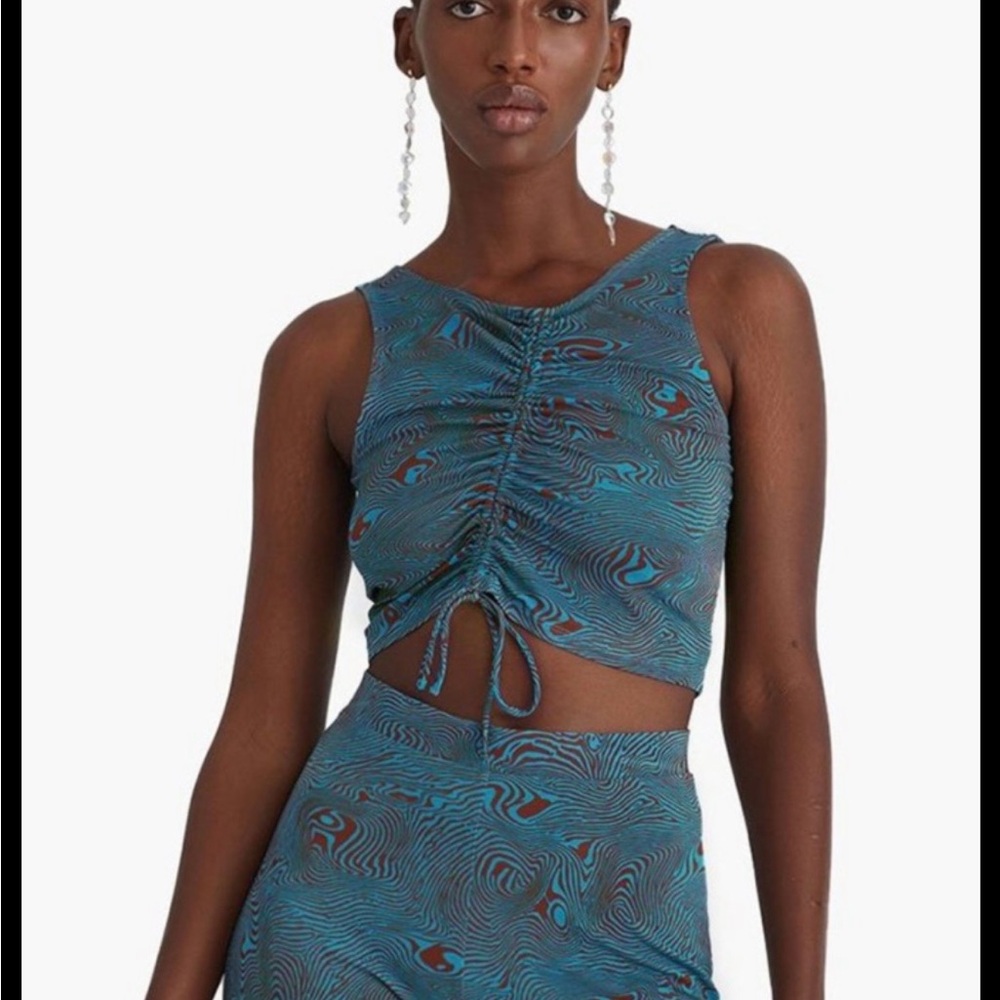 Paloma Wool Teal Swirl Ruched Tie-Front Crop Top